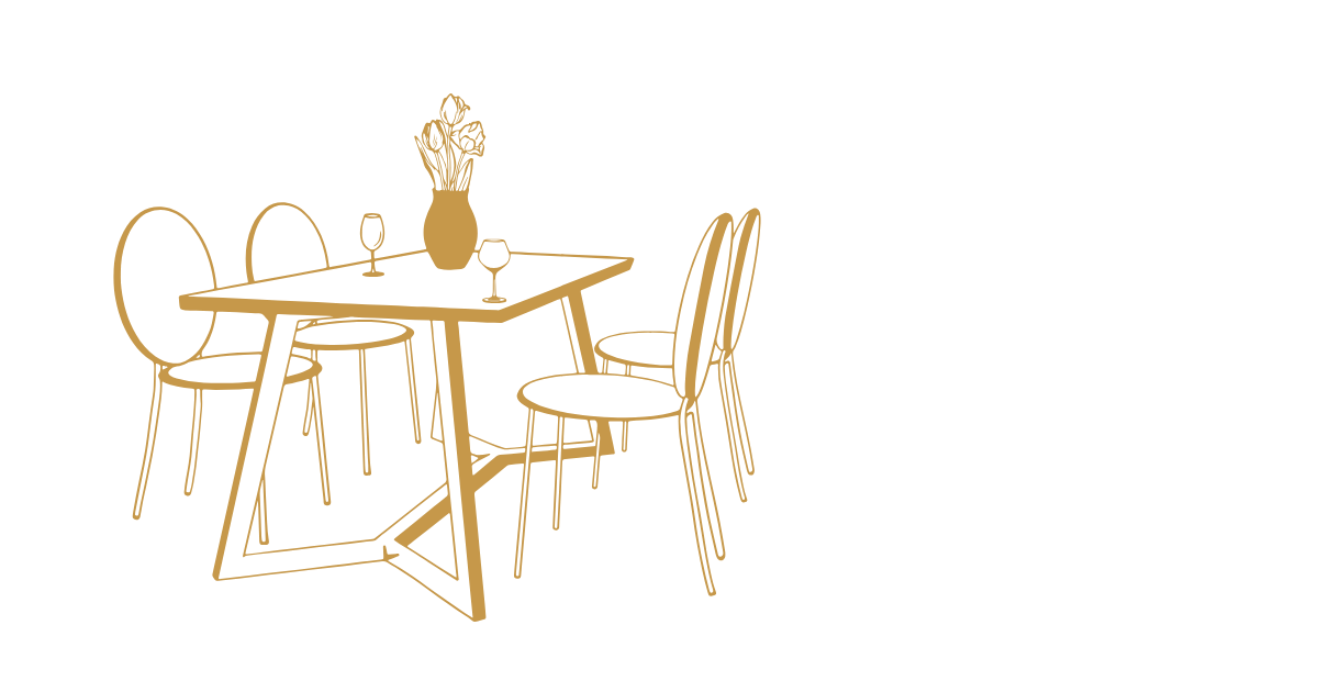 A family table set with flowers and glasses, the chairs empty
